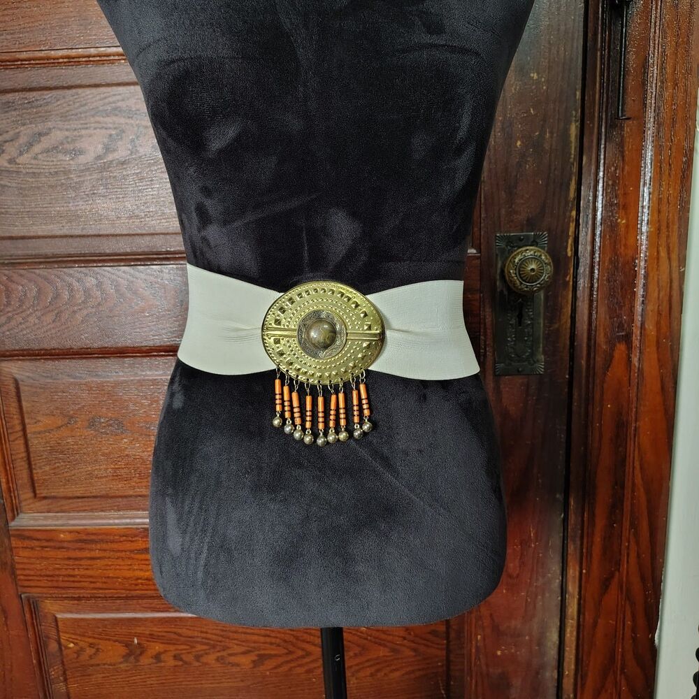 Brass VTG Dangly Beaded Gypsy Elastic Western Boho Chic Belt Wmns